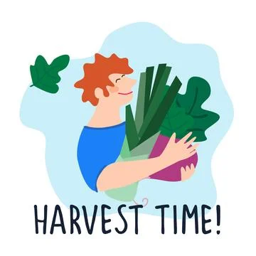 Friendly man holding giant beetroot, leek. Harvest Time quote. Vector illustr Stock Illustration