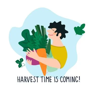 Friendly man holding giant beetroot, carrot, leek. Harvest Time Is Coming quo Stock Illustration