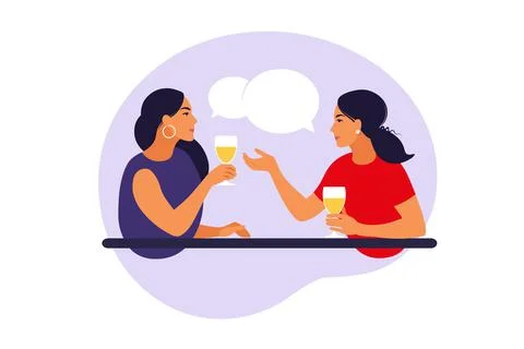 Friendly meeting women concept. Cheerful women sitting at table, talking, lau Stock Illustration