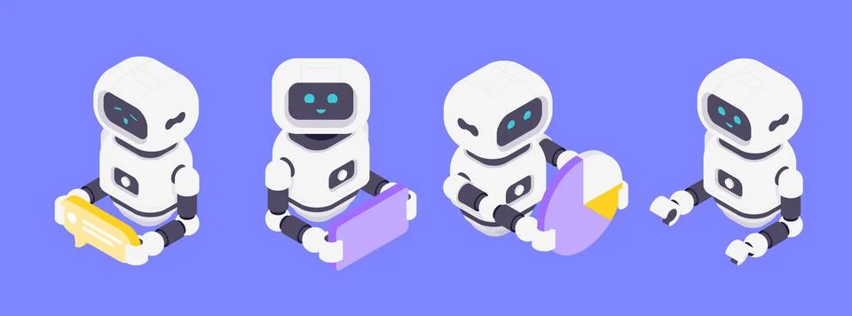 Friendly Modern Isometric Vector Illustration AI Robots Communication Mobil.. Illustrazione stock