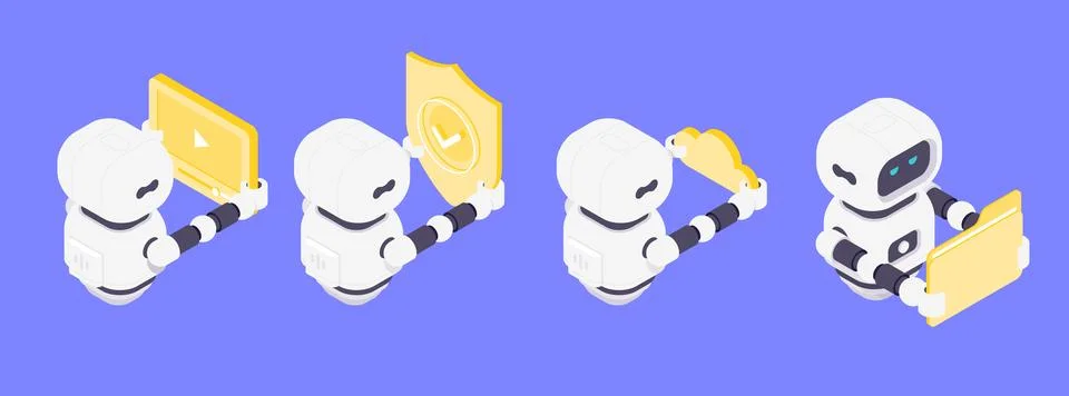 Friendly Modern Isometric Vector Illustration AI Robots Multimedia Security.. Stock Illustration