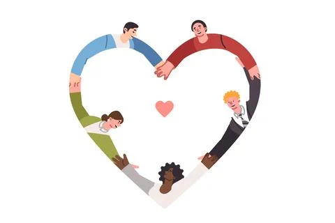 Friendly multinational people hold hands forming heart shape and demonstrate Stock Illustration