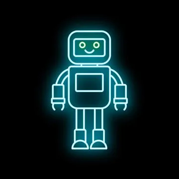 Friendly neon robot character glowing dark background Stock Illustration