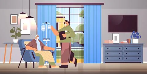 Friendly nurse or volunteer checking dripper of elderly man patient home care Stock Illustration