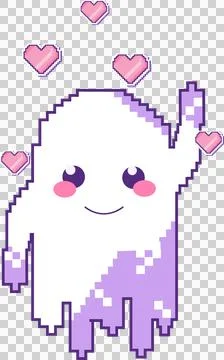 Friendly pixelated ghost is waving arm on transparent background, pink pixel Stock Illustration
