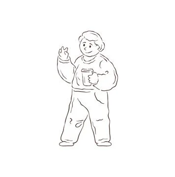 A Friendly Plus Size Person With Coffee Shows A Peace Sign Vector Illustratio Stock Illustration