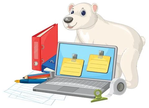 A friendly polar bear stands behind a laptop, binders, and stationery in vect Stock Illustration