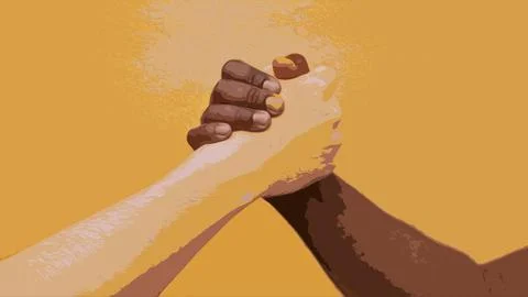 Friendly powerful handshake between unrecognizable African-American person and Stock Illustration