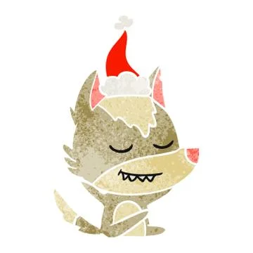 Friendly retro cartoon of a wolf sitting wearing santa hat 스톡 일러스트