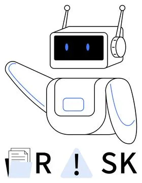 Friendly robot with antennae pointing at RSK text with documents and exclamat Illustrazione stock