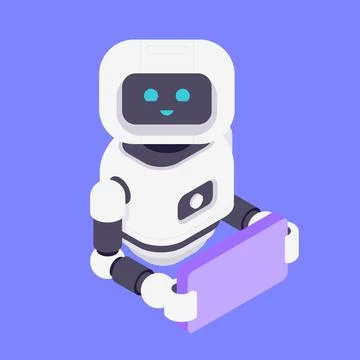 Friendly robot assistant holding empty purple board. Artificial intelligence, Stock Illustration