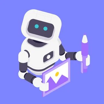 Friendly robot assistant holding landscape picture and pen for image generati Ilustración de archivo