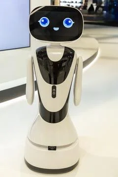 Friendly robot assistant with smiling face design Stock Photos