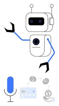 Friendly robot assisting with financial transactions and voice commands, sh.. Stock Illustration