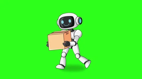A friendly robot character is depicted walking across green screen with a d.. Stock Footage 332694889