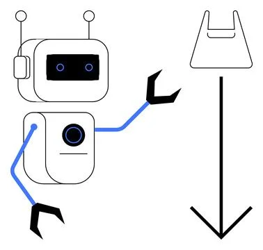 Friendly Robot with Claw Arm Interacting with Downward Arrow and Handbag Ou.. Stock Illustration