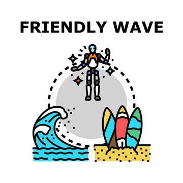 Friendly robot creating big ocean wave for surfing Stock Illustration