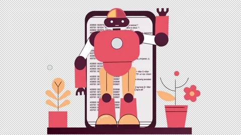 Friendly robot in a digital garden. Animation of the robot. Cartoon Stock Footage 319763797