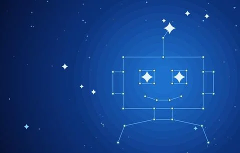 Friendly robot face constellation made of connected dots and lines with sparkle Illustrazione stock