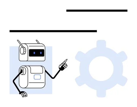 Friendly Robot with Gear Icon and Horizontal Lines Representing Technology .. Stock Illustration