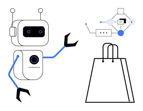 Friendly robot gesturing towards a shopping bag and digital interface element 库存插图