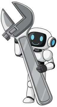 Friendly Robot Holding Large Adjustable Wrench Illustration 스톡 일러스트