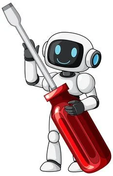 Friendly Robot Holding Large Red Screwdriver Illustration Stock Illustration