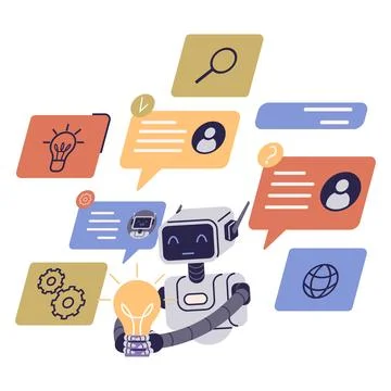 Friendly robot holding a lightbulb surrounded by colourful speech bubbles and Stock Illustration