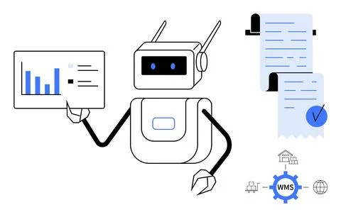 A friendly robot holds a data chart with graphs and bars. Next to it are rece Stock Illustration