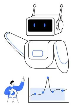 Friendly Robot Illustration with Data Analytics and Teamwork Themes Illustrazione stock