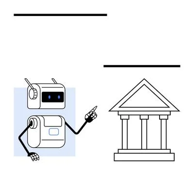 Friendly robot pointing to classical building with pillars and triangular roo Ilustración de archivo