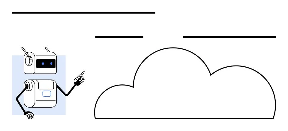 Friendly Robot Pointing at Large Cloud Representing Cloud Computing and AI .. 스톡 일러스트