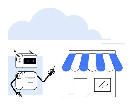Friendly Robot Pointing at a Shop with Blue Awning under Cloudy Sky Stock Illustration