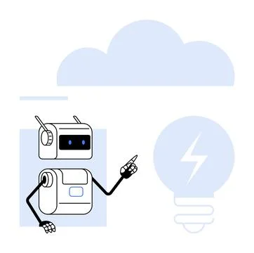 Friendly Robot Pointing Towards Cloud and Light Bulb Symbolizing Ideas and .. Stock Illustration