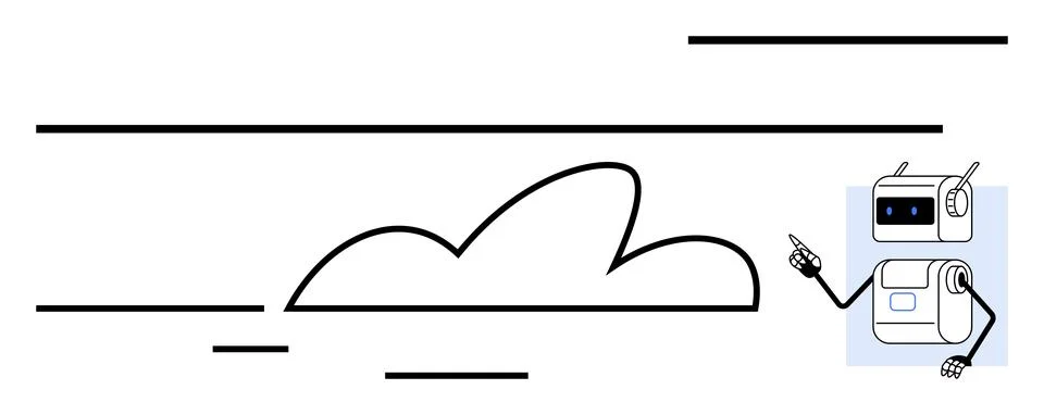 Friendly Robot Points at Cloud with Abstract Lines in Minimalist Vector Art 스톡 일러스트