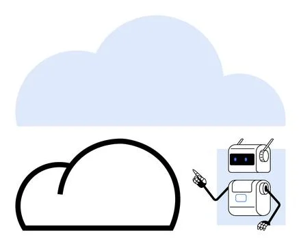 Friendly Robot Points at Simplified Cloud Icons, Representing Cloud Computi.. Stock Illustration