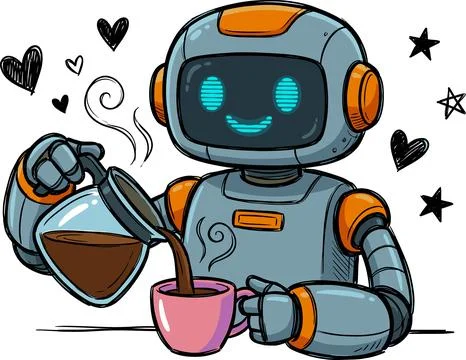 Friendly Robot Pouring Coffee into a Pink Mug with Hearts and Stars. Stock Illustration