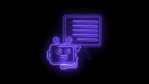 Friendly robot presenting data on a glowing purple neon presentation board with Stock Footage 333952785