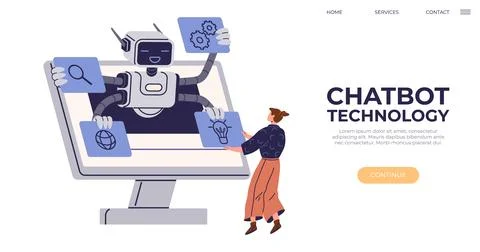 Friendly Robot Showing Chatbot Technology Interacting with a Person on Comp.. Stock Illustration