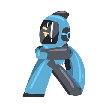 Friendly Robot Sitting on Floor Hugging its Knees, Cute Personal Robotic Illustrazione stock