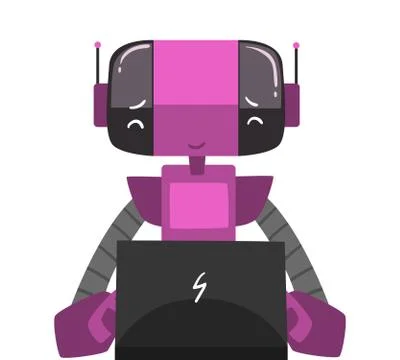 Friendly Robot Sitting in front of Computer, Cute Android Working with Laptop Stock Illustration