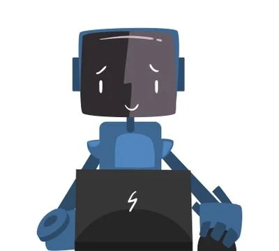 Friendly Robot Sitting in front of Computer, Cute Android Working with Laptop Stock Illustration