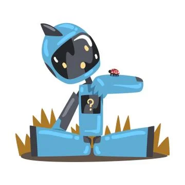 Friendly Robot Sitting on Grass on Nature, Cute Personal Robotic Assistant Stock Illustration