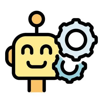 Friendly robot thinking with rotating gears, artificial intelligence icon 스톡 일러스트