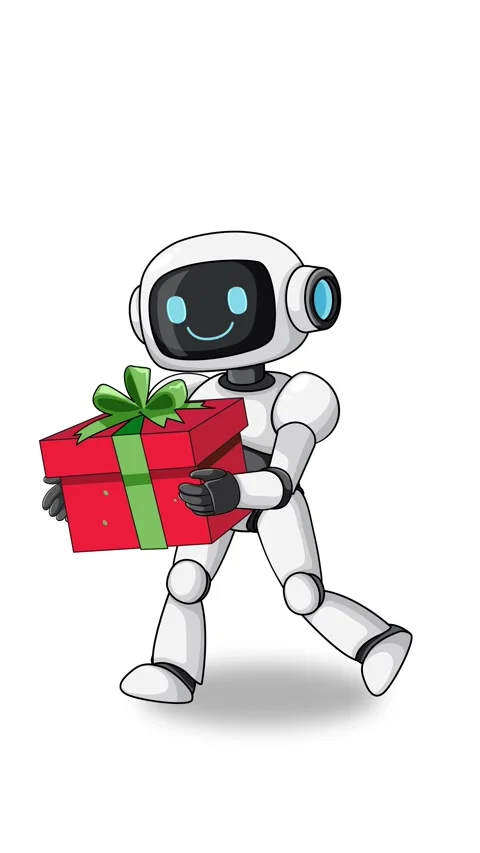 Friendly Robot Walking While Holding a Gift Box Stock Footage 346434828