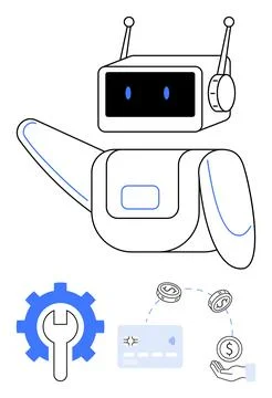 Friendly robot waving with technological icons related to finance and setti.. Stock Illustration