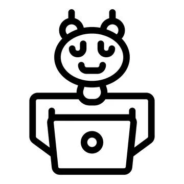 Friendly robot working on laptop with happy face icon Stock Illustration