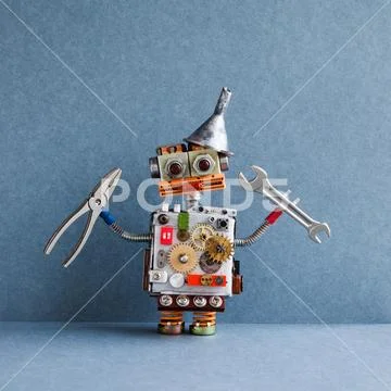 Friendly robotic toy with metal funnel hopper head, cogs wheels gears silver Stock Photos