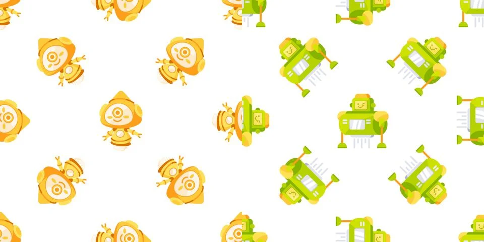 Friendly robots and droids repeating pattern on white background Stock-Illustration
