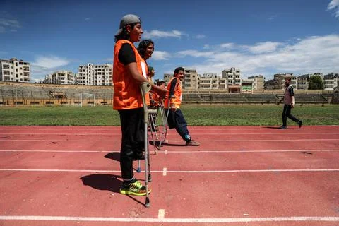Friendly running race for physically challenged athletes in Idlib, Syria - 13 Ma Stock Photos